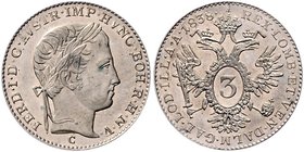 Ferdinand I. 1835 - 1848
 3 Kreuzer 1838 C Prag. 1,71g. Fr. 895. justiert stgl