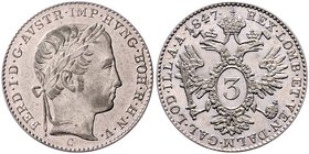 Ferdinand I. 1835 - 1848
 3 Kreuzer 1847 C Prag. 1,73g. Fr. 915 f.vz/f.stgl