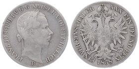 Franz Joseph I. 1848 - 1916
 Vereinstaler 1858 B Kremnitz. 18,34g. Fr. 1397 f.ss
