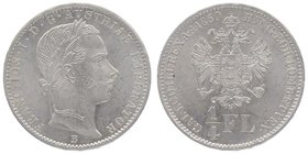 Franz Joseph I. 1848 - 1916
 1/4 Gulden 1860 B Kremnitz. 5,35g. Fr. 1530 f.stgl/stgl