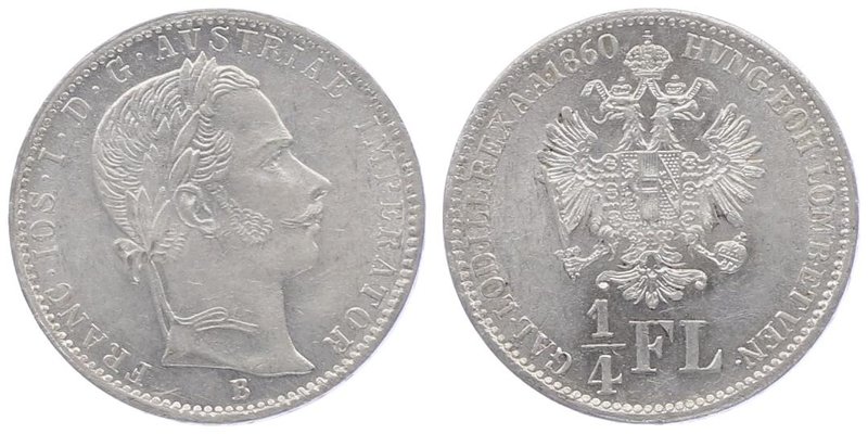 Franz Joseph I. 1848 - 1916
 1/4 Gulden 1860 B Kremnitz. 5,31g. Fr. 1530 vz/stg...