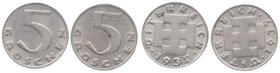 1. Republik 1918 - 1933 - 1938
 Lot 2 Stück 5 Groschen 1937 Wien vz