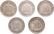 Deutschland II. Deutsches Kaiserreich 1871 - 1918
 Lot 5 Stück, 10 Pfennige. a. ca 4,00g. J. 4. ab 1906 ss-vz