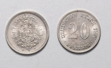 Deutschland II. Deutsches Kaiserreich 1871 - 1918
 Lot 2 Stück, 20 Pfennig 1896 D vz - stgl