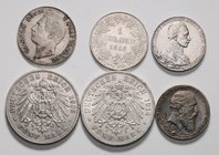 Deutschland vor 1871 - II. Deutsches Kaiserreich
 Lot 6 Stück 1 Gulden - 5 Mark. 1841, 1845, 1902, 1913, 1903, 1914 ss