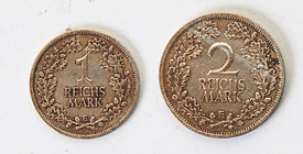 Deutschland Weimarer Republik 1918 - 1933
 Lot 2 Stück 1 + 2 Mark, 1925 J, 1926 E, J. 319,320 ss