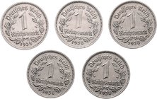 Deutschland 3. Reich 1933 - 1949
 Lot 5 Stück, Reichsmark, 1938 F. a. ca 4,80g. J. 354 vz/stgl