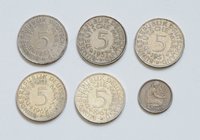 Deutschland Bundesrepublik - seit 1949
 Lot 6 Stück, 50 Pfennig 1950 G und 5 DM ab 1951, div. 5 Mark (Ag), J. 387 ss