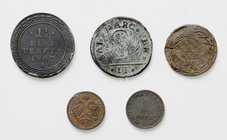 Italien
 Lot 5 Stück, ab ca. 1600, 2x Soldo, Una Lira 1800 Zeitgenössische Fälschung, 1 1/2 Lira 1802 A ss