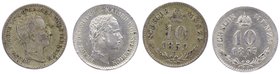 Kaisertum Österreich Franz Joseph I. 1848 - 1916
 Lot 2 Stück 10 Kreuzer. 1859, 1865 beide V ss