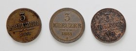 Kaisertum Österreich Franz Joseph I. 1848 - 1916
 Lot 3 Stück 3 Kreuzer 1851 A / B / G ( Rf. ). ss