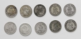 Kaisertum Österreich Franz Joseph I. 1848 - 1916
 Lot 10 Stück diverse 10 Kreuzer, z.B. 1859, 61, 65 alle V, usw. ss-f.stgl