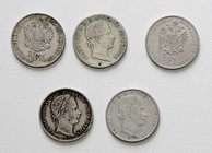 Kaisertum Österreich Franz Joseph I. 1848 - 1916
 Lot 5 Stück 1/4 Gulden, 1859 A, B, E, M und V. ss/vz