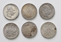 Kaisertum Österreich Franz Joseph I. 1848 - 1916
 Lot 6 Stück diverse Gulden mit und ohne Mzz. ss-vz