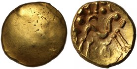 Gallic War Period (from 50 B.C.), Ambiani, gold Stater, Gallo-Belgic type E, blank obverse, rev. disjointed horse right, large pellet below, exergue o...
