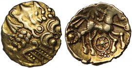 Regni and Atrebates (c.60-50 B.C.), uninscribed gold Quarter-Stater, Remic type Qc, “Selsey Dahlia – mane” variety, crude representation of wreathed h...