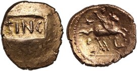 Regni and Atrebates, Tincomarus, (c.25 B.C. – 10 A.D.), gold Stater, TINC raised letters on sunken tablet, rev. classical style horseman with javelin ...