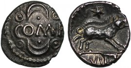 Regni and Atrebates, Verica (10-40 A.D.), silver Unit, “Verica smiley” variety, COM.F across centre, crescent moon above and below with pellet, pellet...