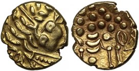 Catuvellauni and Trinovantes (c.80-50 B.C.), uninscribed gold Stater, Westerham North type, crude Apollo style wreathed head right, rev. dis-jointed h...