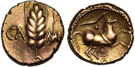 Catuvellauni and Trinovantes (c.80-50 B.C.), Cunobelin, gold Stater, wild type, corn ear dividing CA MV, rev. horse with braided tail right, branch an...