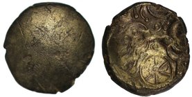 East Wiltshire Region, (c.50-35 B.C.), uninscribed base gold Stater, Savernake Forest variety, type Mb, plain obverse, rev. horse right, large wheel b...