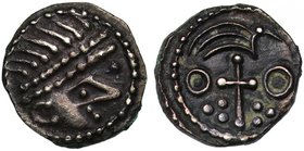 Early Anglo-Saxon Period (600-775), silver Sceat, Primary Phase (c.680-c.710), series BIIIA, type 27a, diademed head right with elongated nose, rev. b...