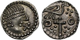 Early Anglo-Saxon Period (600-775), silver Sceat, Secondary Phase (c.710-c.760), series J, York, type 85, diademed head right, saltire cross in front ...