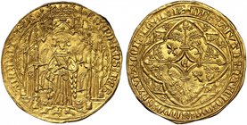 Edward the Black Prince (1362-72), gold Noble Guyennois à l’E or Pavillon d'Or, second issue (c.1363-4), Bordeaux Mint, robed Prince standing over two...
