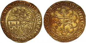Henry VI, King of France (1422-53), gold Salut d'Or, Rouen Mint, initial mark leopard, pellet in annulet under last letter of legend on both sides, ou...