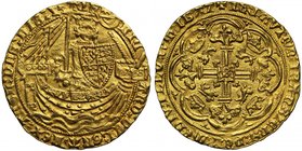 Richard II (1377-99), gold Noble of Six Shillings and Eight Pence, Calais Mint, type 2a, no French title in legend, armoured King standing in ship wit...