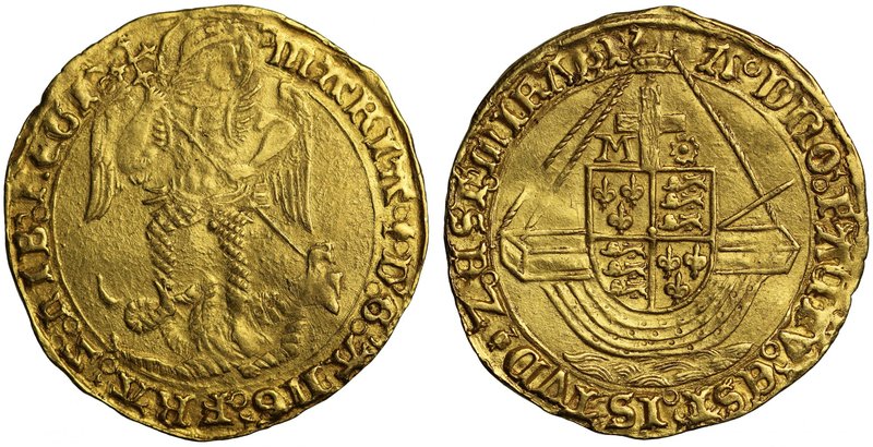 Mary (1553-54), fine gold Angel of Ten Shillings, class I, St Michael spearing d...
