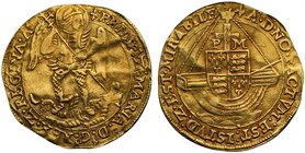 Extremely Rare Philip and Mary Gold Angel

Philip and Mary (1554-58), fine gold Angel of Ten Shillings, class IV, St Michael slaying dragon right, s...