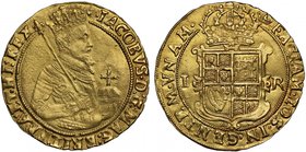 James I (1603-25), gold Unite of Twenty Shillings, second coinage (1604-19), third crowned armoured half-length bust right, holding orb and sceptre, b...