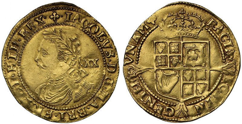 James I (1603-25), gold Laurel of Twenty Shillings, third coinage (1619-25), fou...