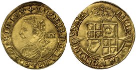 James I (1603-25), gold Laurel of Twenty Shillings, third coinage (1619-25), fourth laureate and draped bust left, straight ties at rear of bust, valu...