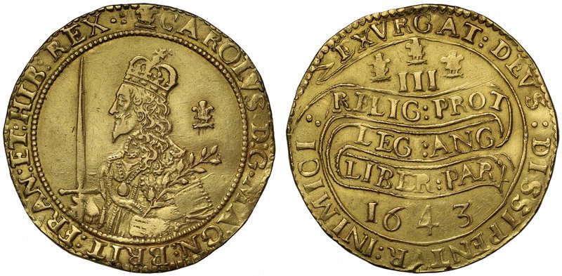 One of the Rarest Die Pairings of the 1643 Gold Triple Unite of Charles I, Ex Cl...