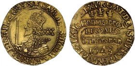 Scarce Oxford Mint Unite of King Charles I Dated 1643

Charles I (1625-49), gold Unite of Twenty Shillings, 1643, Oxford Mint, crowned armoured half...