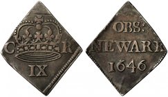 Charles I (1625-49), silver Newark siege Ninepence, dated 1646, Royal crown, C to left, R to right, denomination IX below in Roman numerals, beaded bo...
