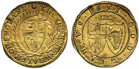 Commonwealth (1649-60), gold Unite of Twenty Shillings, 1651, English shield within laurel and palm branch, legends in English language, initial mark ...