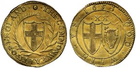 Commonwealth (1649-60), gold Unite of Twenty Shillings, 1653, English shield within laurel and palm branch, legends in English language, initial mark ...