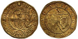 Commonwealth (1649-60), gold Half-Unite or Double Crown of Ten Shillings, 1650, English shield within laurel and palm branch, legends in English langu...