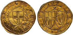 Commonwealth (1649-60), gold Half-Unite or Double Crown of Ten Shillings, 1651, English shield within laurel and palm branch, legends in English langu...