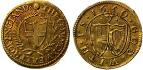 Commonwealth (1649-60), gold Crown of Five Shillings, 1650, 50 struck over 49, English shield within laurel and palm branch, legends in English langua...