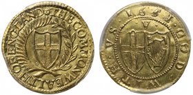 Commonwealth (1649-60), gold Crown of Five Shillings, 1651, 51 struck over 50 in turn struck over 49, English shield within laurel and palm branch, le...