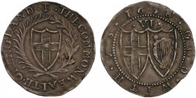Commonwealth (1649-60), silver Sixpence, 1658, 8 struck over 7, English shield within laurel and palm branch, legends in English language, initial mar...