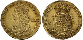 Charles II (1660-85), gold Unite of Twenty Shillings, second hammered gold issue (1661-62), laureate and draped bust left, mark of value XX in field b...