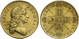 Charles II (1660-85), gold Five Guineas, 1682, second laureate head right, legend and toothed border surrounding, CAROLVS. II. DEI. GRATIA, rev. crown...