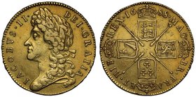 James II (1685-88), gold Five Guineas, 1688, second laureate head left, legend and toothed border surrounding, IACOBVS. II. DEI. GRATIA, rev. crowned ...