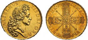 The Impressive “Fine Work” gold Five Guineas of King William III

William III (1694-1702), gold Five Guineas, 1701, fine work style with plain scept...