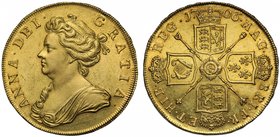Anne (1702-14), gold Five Guineas, 1706, Post-Union type, first draped bust left, legend and toothed border surrounding, ANNA. DEI. GRATIA., rev. crow...